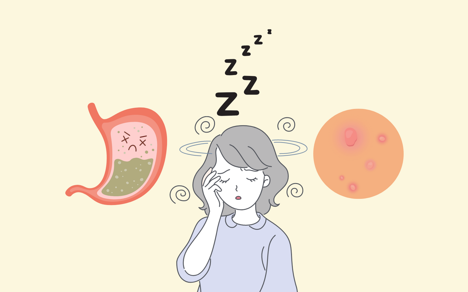 Graphic of someone with bad gut health experiencing the following symptoms: stomach issues, poor sleep, and acne.